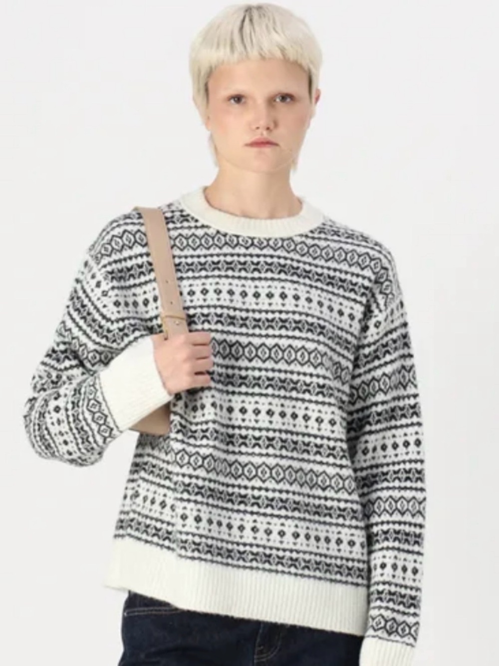 American Eagle Women’s Small Fair Isle Crewneck Sweater Black White Cozy